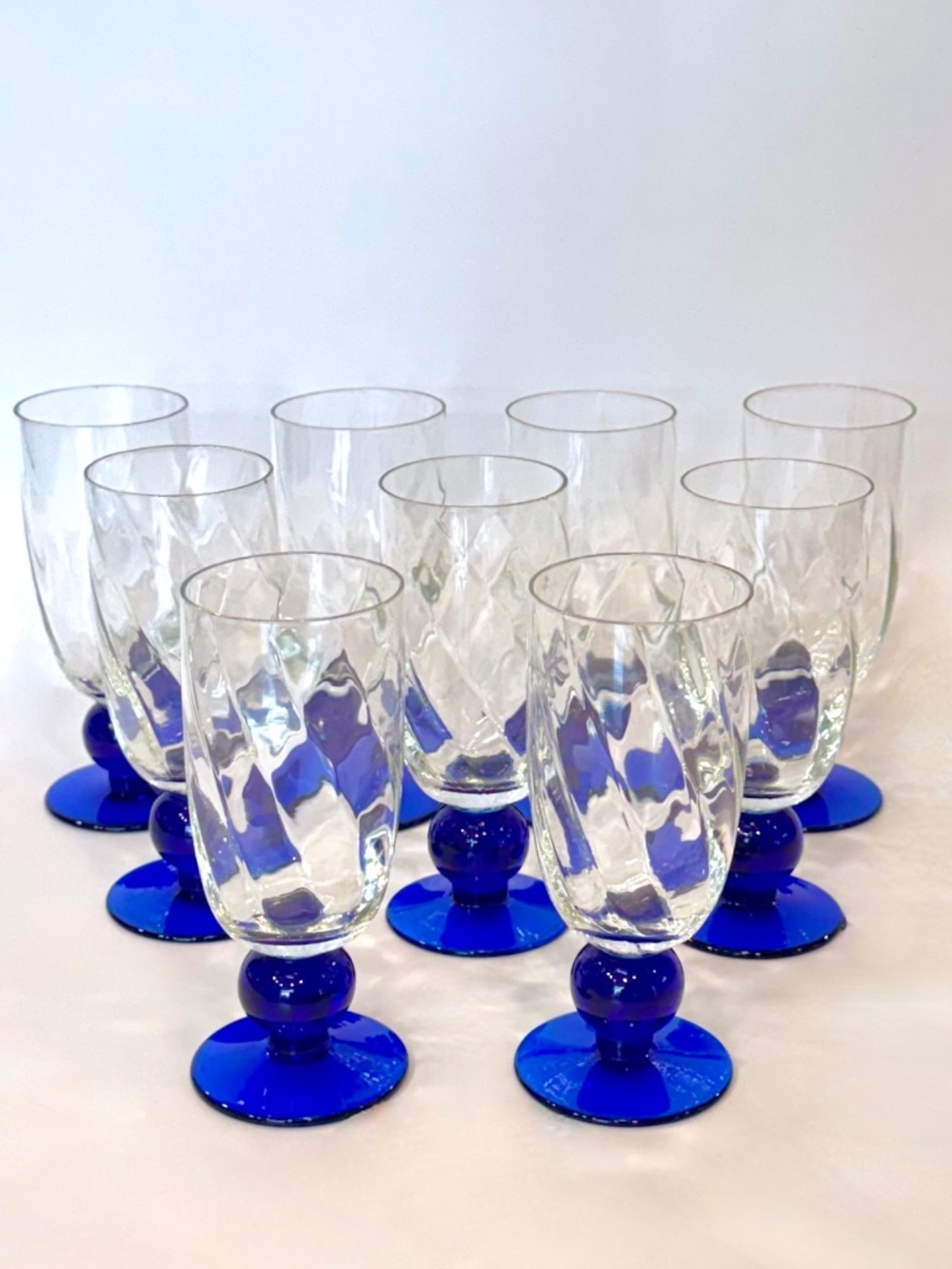 Vintage 1930s Set of 9 Pristine Cobalt Blue Ball Stem Optic Glasses, Hand Blown